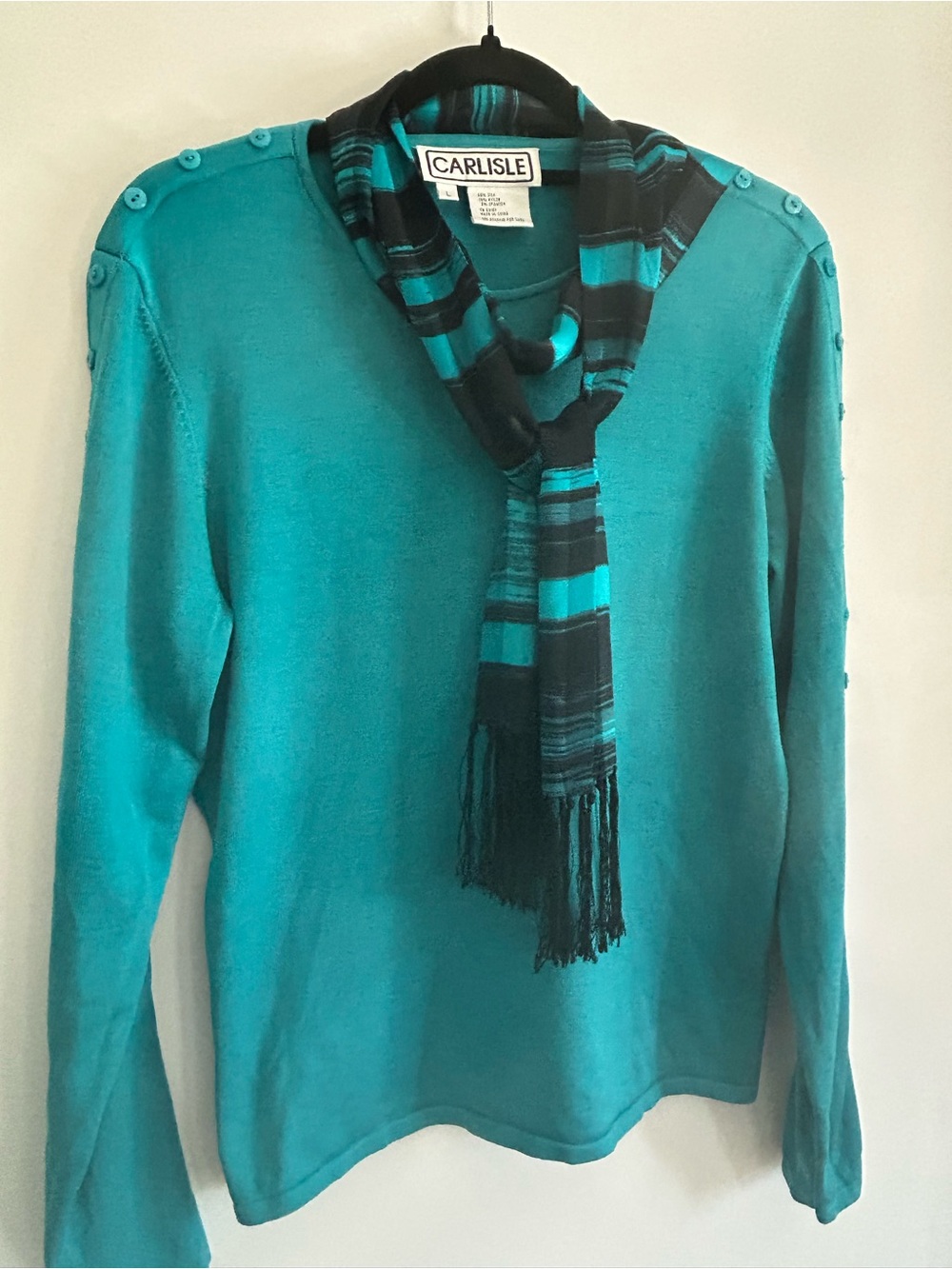 Carlisle Turquoise Silk Blend Sweater with Silk Scarf, Button Details  Sz L NWOT